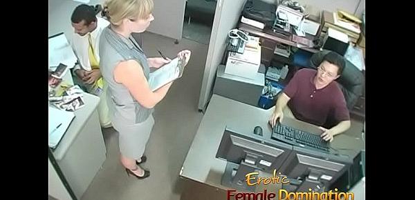  Bossy blonde office bitch dominates and humiliates workers at work